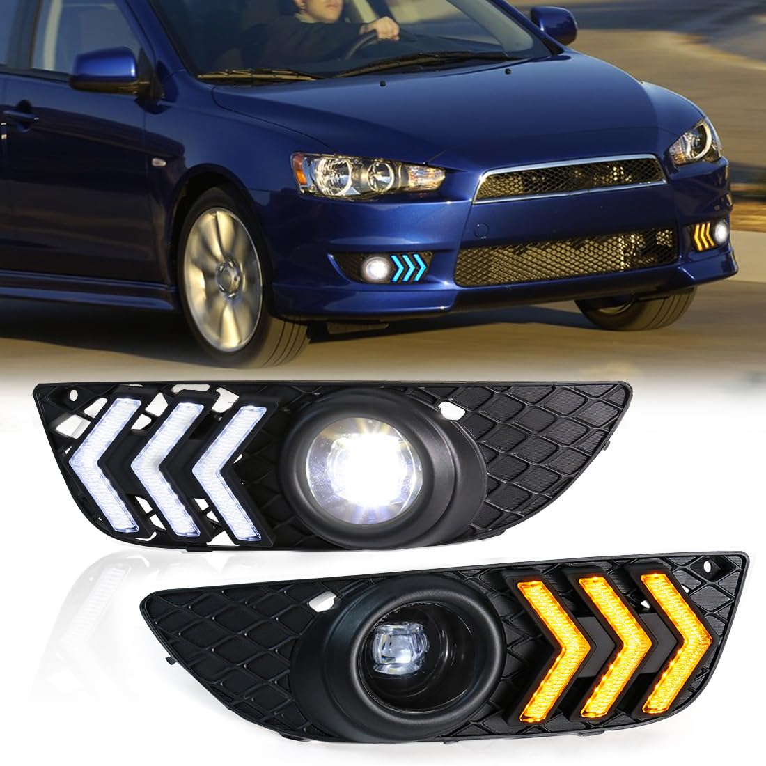 VGETTING Tri-Colors Daytime Running Lights For Mitsubishi Lancer 2008-2014 Driving Light with LED White Fog Lamps