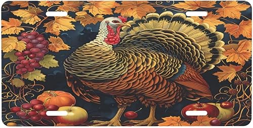 Front License Plate Thanksgiving Vintage Turkey Car Decor Accessory Aluminum Metal Decorative Car Plate Funny Novelty Vanity Tag with 4 Holes for