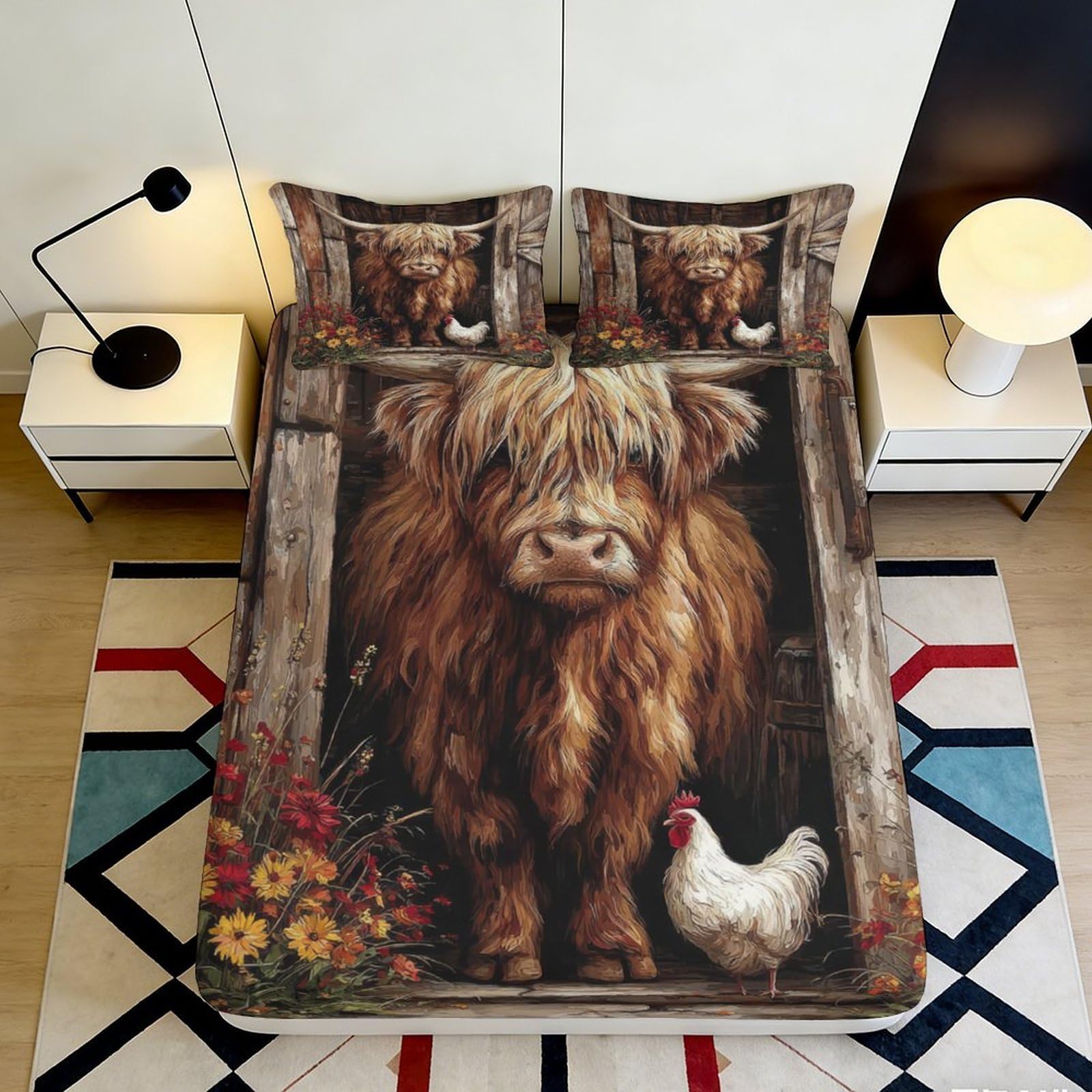 3D Printed Highland Cow Rustic Fitted Sheet Microfiber Soft Farmhouse Chicken Mattress Cover Bedroom Decor 90x200x25cm