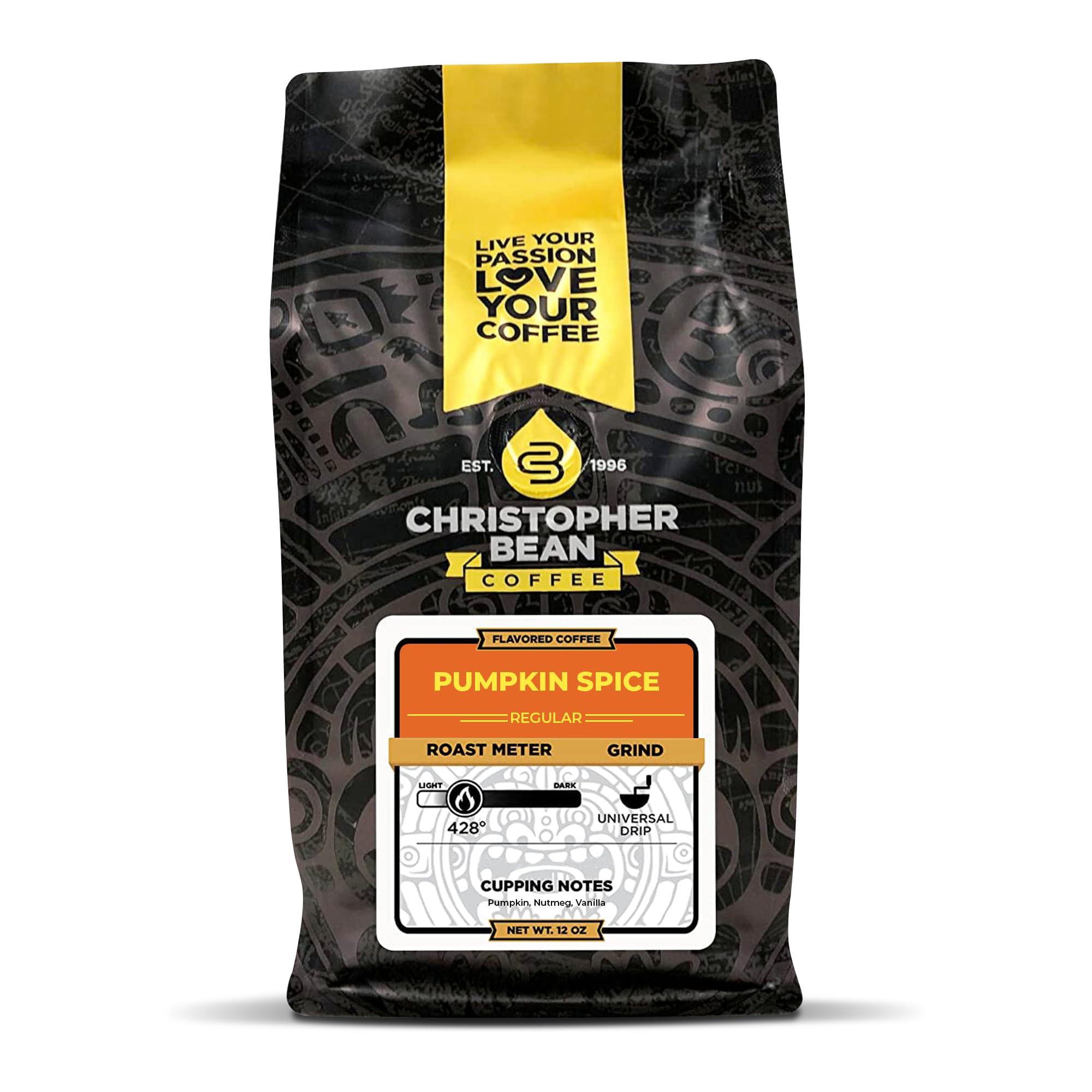 Christopher Bean CoffeePumpkin Spice Flavored Coffee, (Regular Ground) 100% Arabica, No Sugar, No Fats, Made with Non-GMO Flavorings, 12-Ounce Bag of Regular Ground Coffee