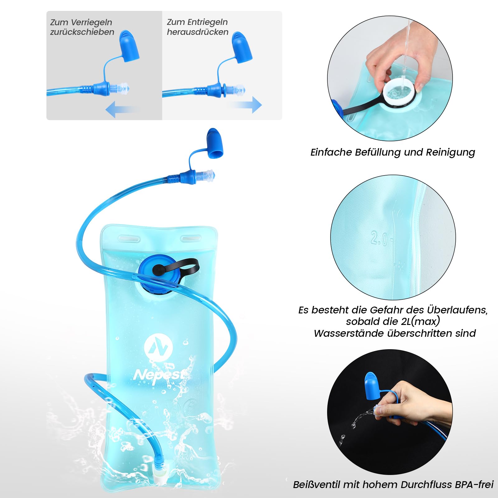 Nepest Mochila de hidratación de 8 l – Mochila para bicicleta y esquí con bolsa de hidratación de 2 l, ideal para MTB, correr y esquiar, pecho ajustable y correa de cintura con silbato de seguridad