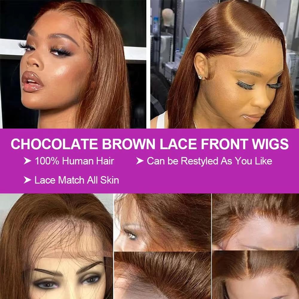 Accessori Parrucche Parrucca Caschetto Corto 100% Capelli Umani Senza Colla 13x4 HD Frontale In Pizzo Marrone Cioccolato Prepizzicato(13x4 HD Lace Wig,250%_14INCHES)
