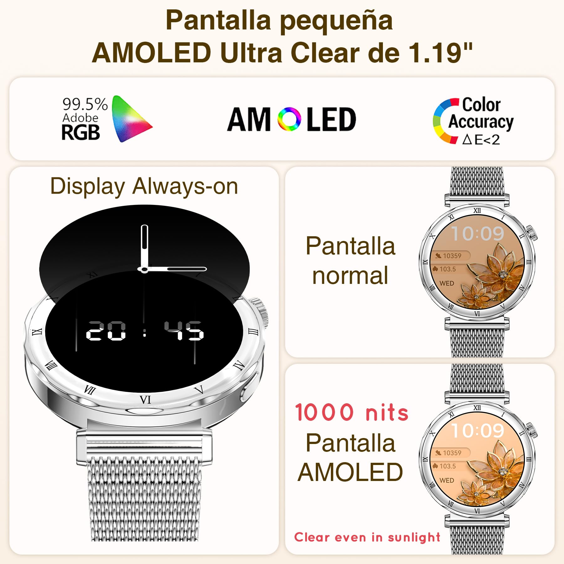 Reloj Inteligente Mujer Redondo(3 Correas) Smartwatch 1,19" AMOLED Responder/Hacer Smart Watch Compatible iPhone Android Monitorear Sueño/SpO2/FC, 120 Modos Deportivos IP68 Resistente Agua, Plateado