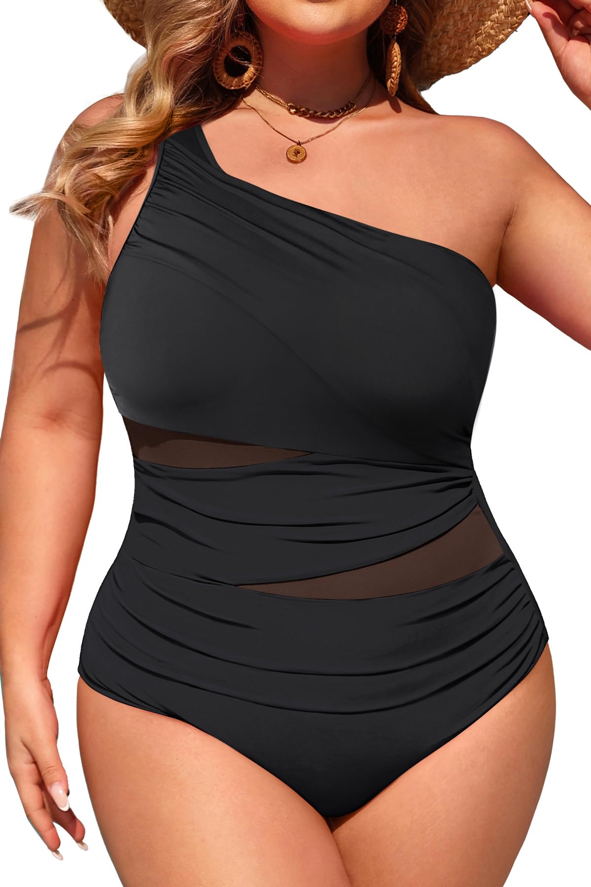 Aqua Eve Plus Size One Piece Swimsuit for Women Tummy Control Bathing Suits One Shoulder Swimwear