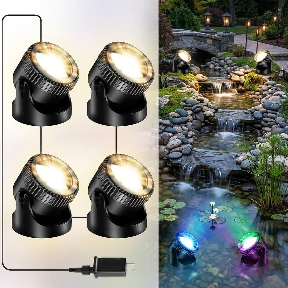 Luce impermeabile IP68 4 in 1 per laghetto, luci paesaggistiche da giardino, progettata per fontana da giardino, piscina, cascata, cortile e vialetto, illuminazione a bassa tensione 3,5 V CC (bianco
