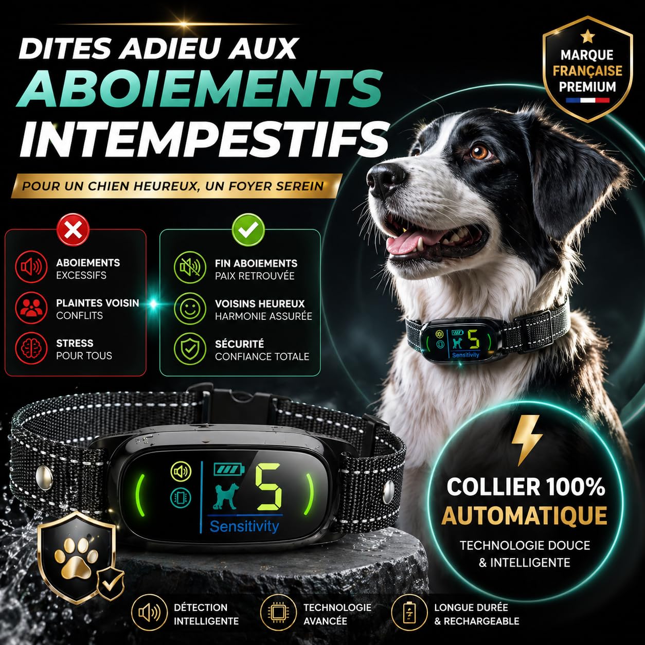 PAWPRO Collier Anti Aboiement Chien | Conforme Nouvelle Loi 2024 Bien-Être Animal | Intelligence Artificielle, Détection d’Aboiement, Écran Couleur | 3 Modes BIP, Vibration+BIP | Marque FR (Noir)
