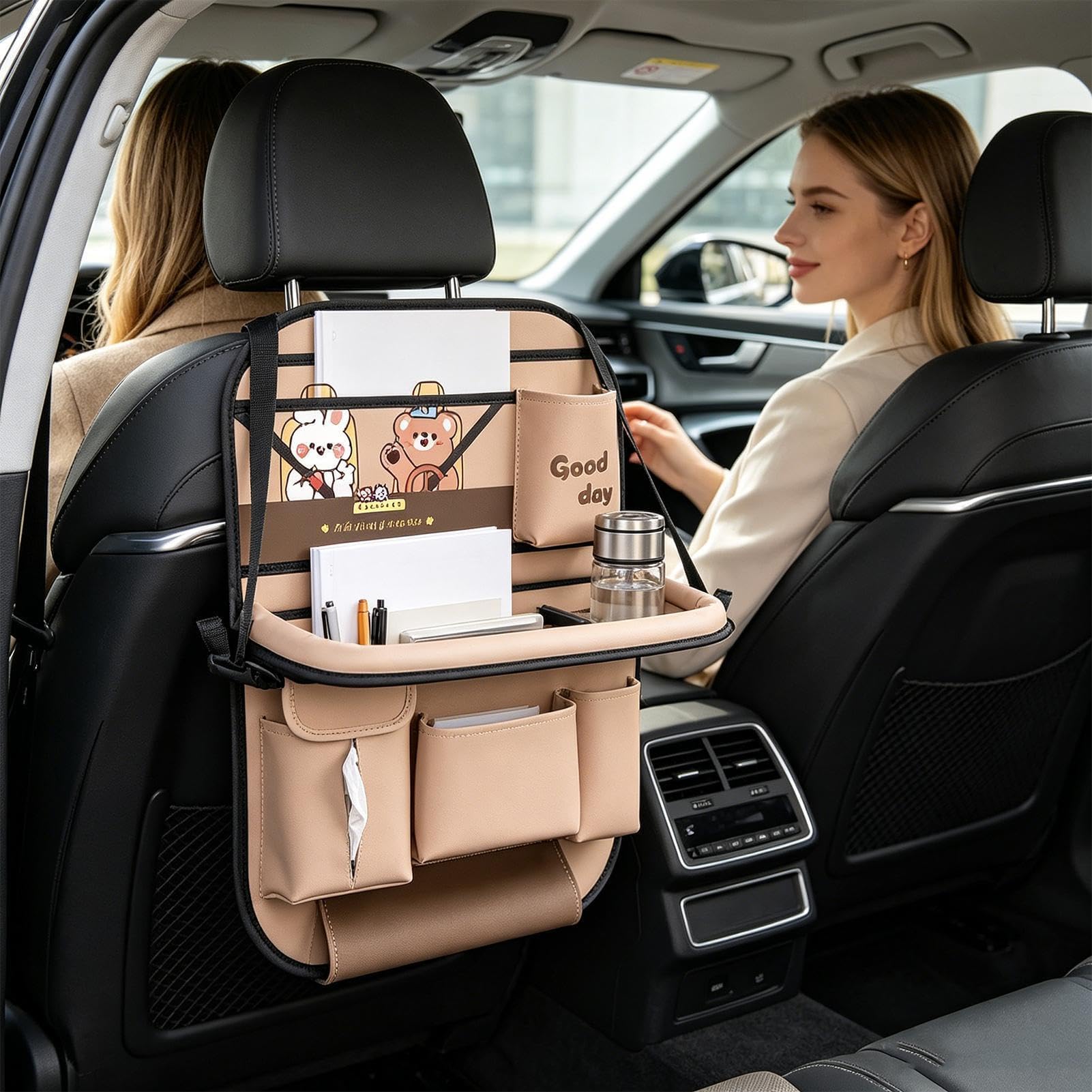 Organizador de asiento trasero de coche, multifuncional, impermeable, antideslizante, con bandeja, organizador de almacenamiento de coche, para cajuela, viajes, carretera, camping, camión, SUV, taza