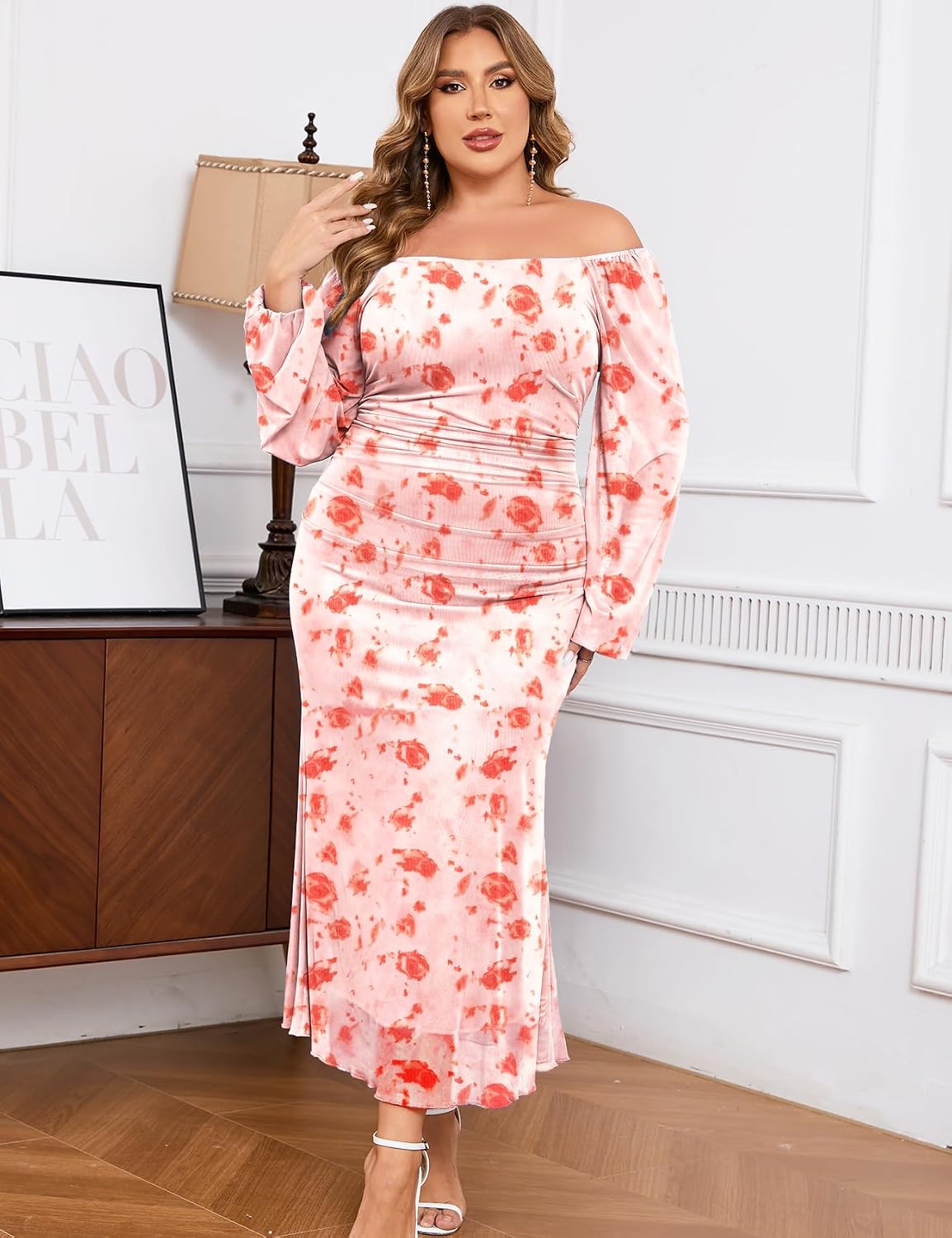 ZOMVA Spring Plus Size Floral Print Mesh Dress for Curvy Women Long Sleeve Dresses for Wedding Guest