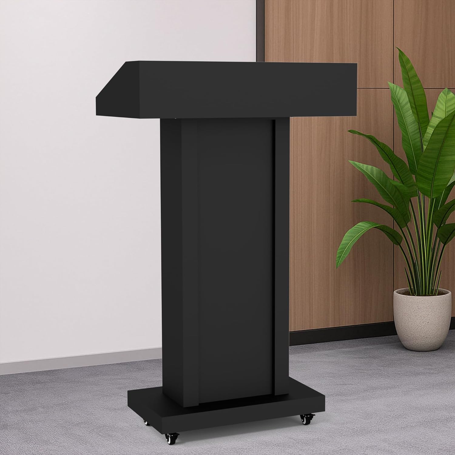 GARVIN Podium Stand with 4 Lockable Wheels, Heavy-Duty Metal Lecterns & Podiums with Hidden Storage, 46.5”H Portable Pulpit for Church, School, Office and Conference, Black