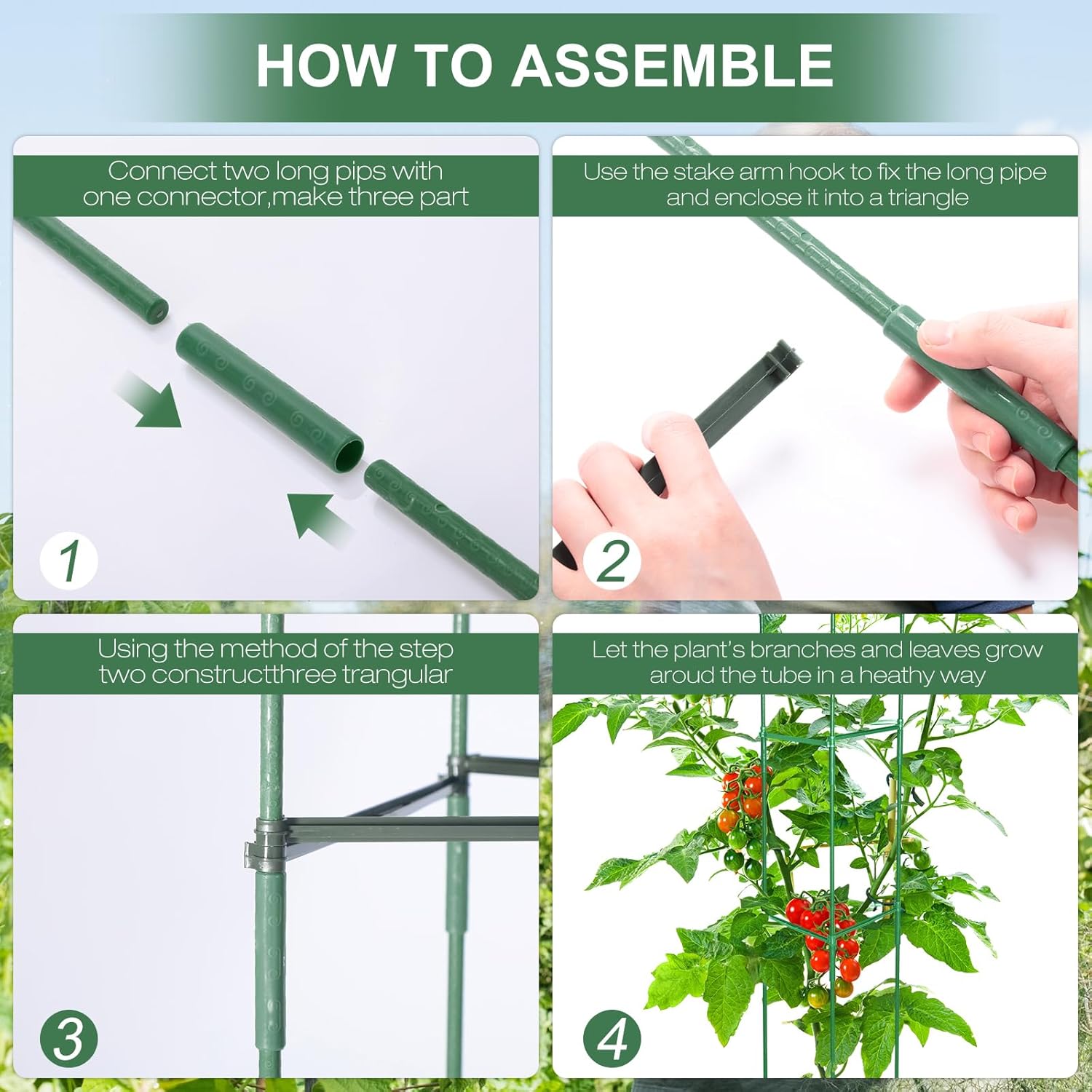 Sunnyray 15 Pack Tomato Cages for Garden 48 Inch Metal Tomato Cages Heavy Duty Plant Supports Assembled Garden Trellis Stakes with Adjustable Snap Arm for Climbing Plant Vegetable (Green)