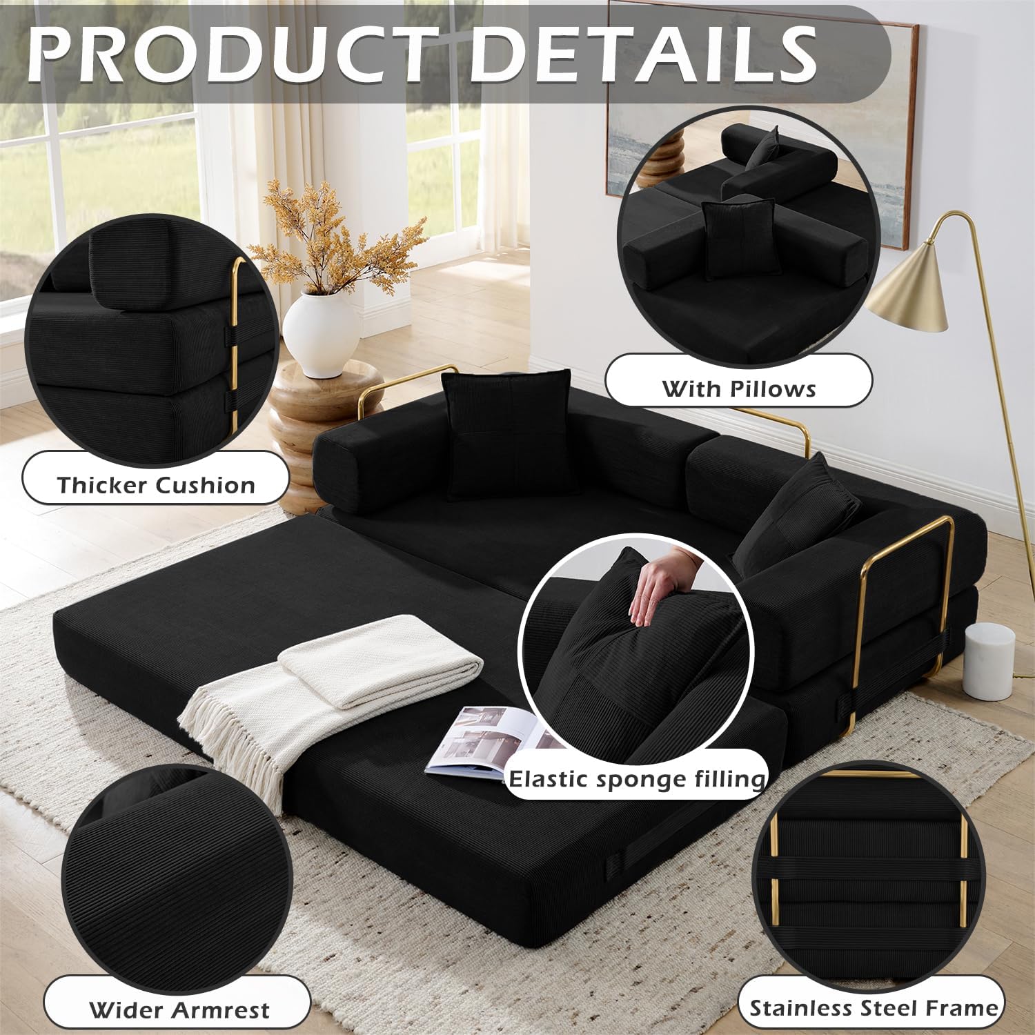 78" W Corduroy Convertible Sofa Bed, Futon Couch with Fixed-Shape Frame, Folding Pull Out Futon Sofa, Boneless Loveseat Couches for Living Room, No Assembly Required (Black)
