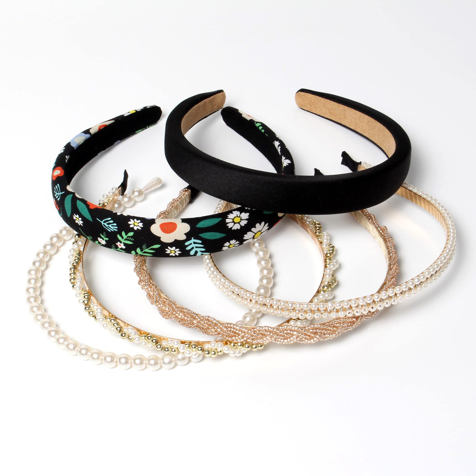 naibirdr 6PK Beaded Headbands for Women Pearl Headbands Black Padded Headband Gold Hair Hoop for Girls Handmade Fashion Hair bands (Color B)…