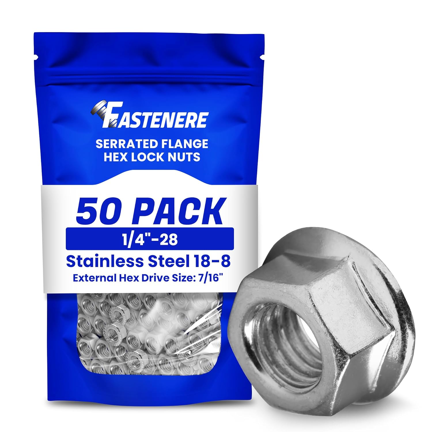 Fastenere Serrated Flange Nuts – 1/4"-28 (50-Pack), Durable Stainless Steel 18-8 Hex Lock Hardware Nuts, Corrosion-Resistant, Fine Plain Finish for Home, Automotive & Industrial Use