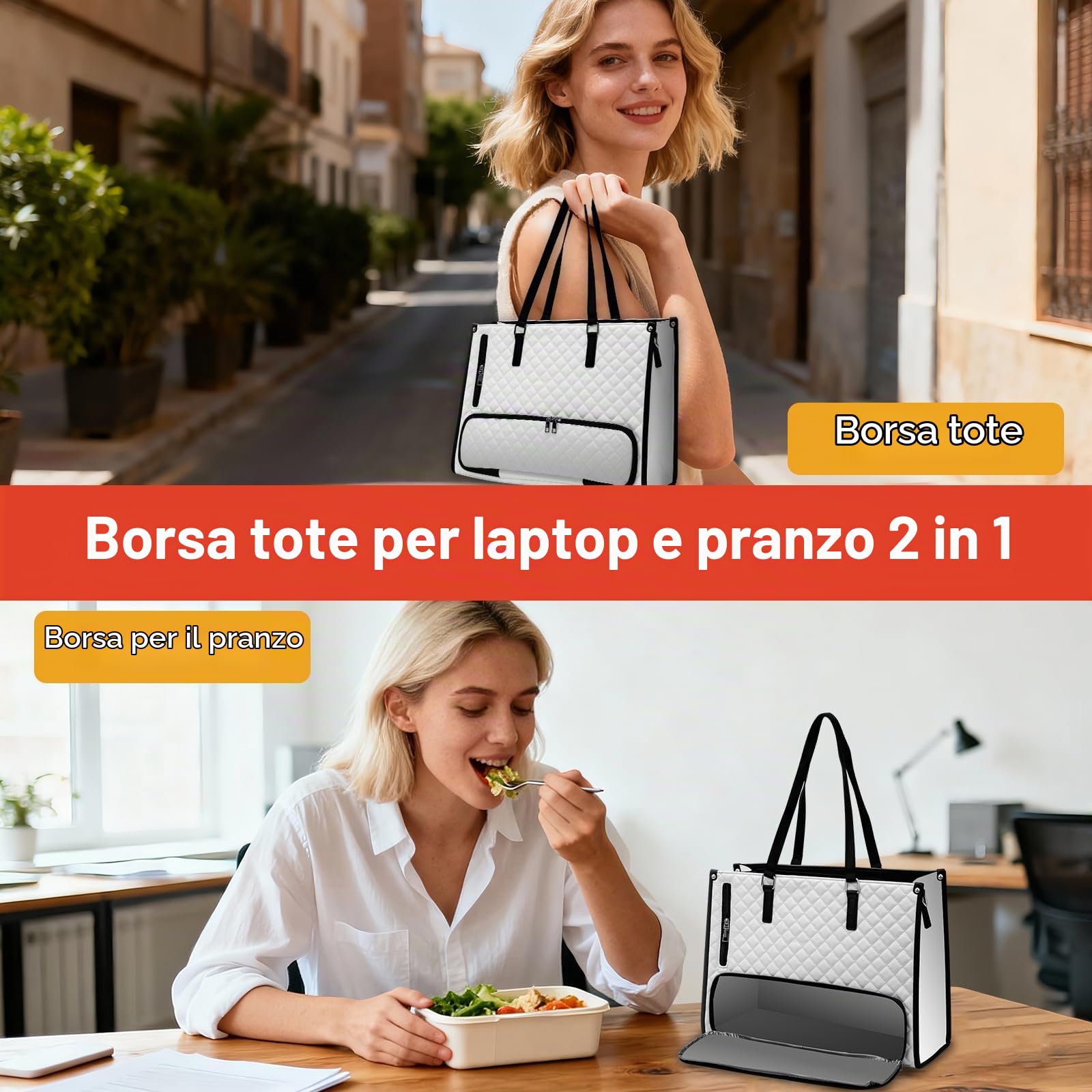 Borsa da donna 2 in 1, borsa da lavoro da donna con scomparto termico isolato, borsa da 15,6 pollici, termica grande a prova di perdite per il pranzo, borsa combinata per lavoro, scuola, ufficio