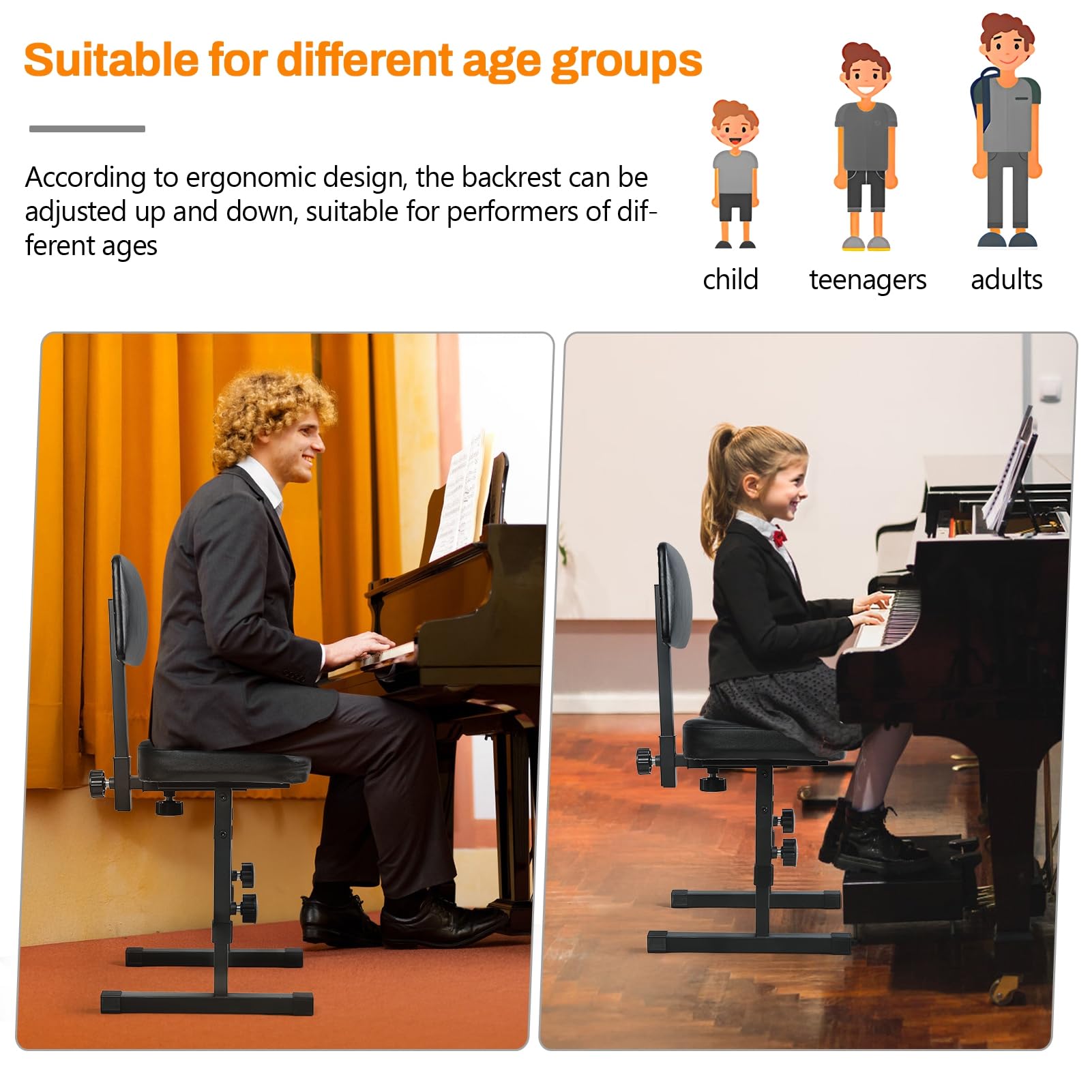 H-style Sgabello regolabile per pianoforte, 5 altezze regolabili, con schienale imbottito, sedia da tastiera da 44,5 cm a 55,9 cm, con seduta in ecopelle, per musicisti, bambini e adulti, gambe in