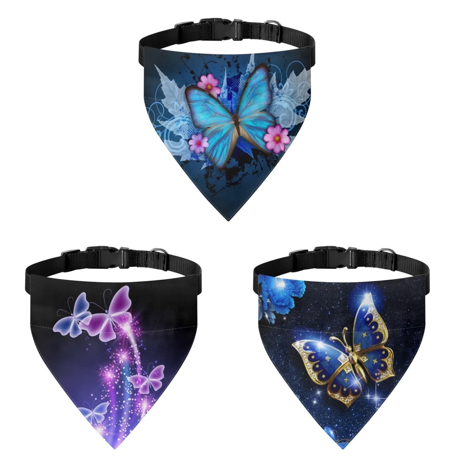 COEQINE Butterfly Bandanas Set 3 Pieces Lightweight Durtable Washable Dogs Scarve For Birthday Girls Dogs With Adjustable Hook Non Slip