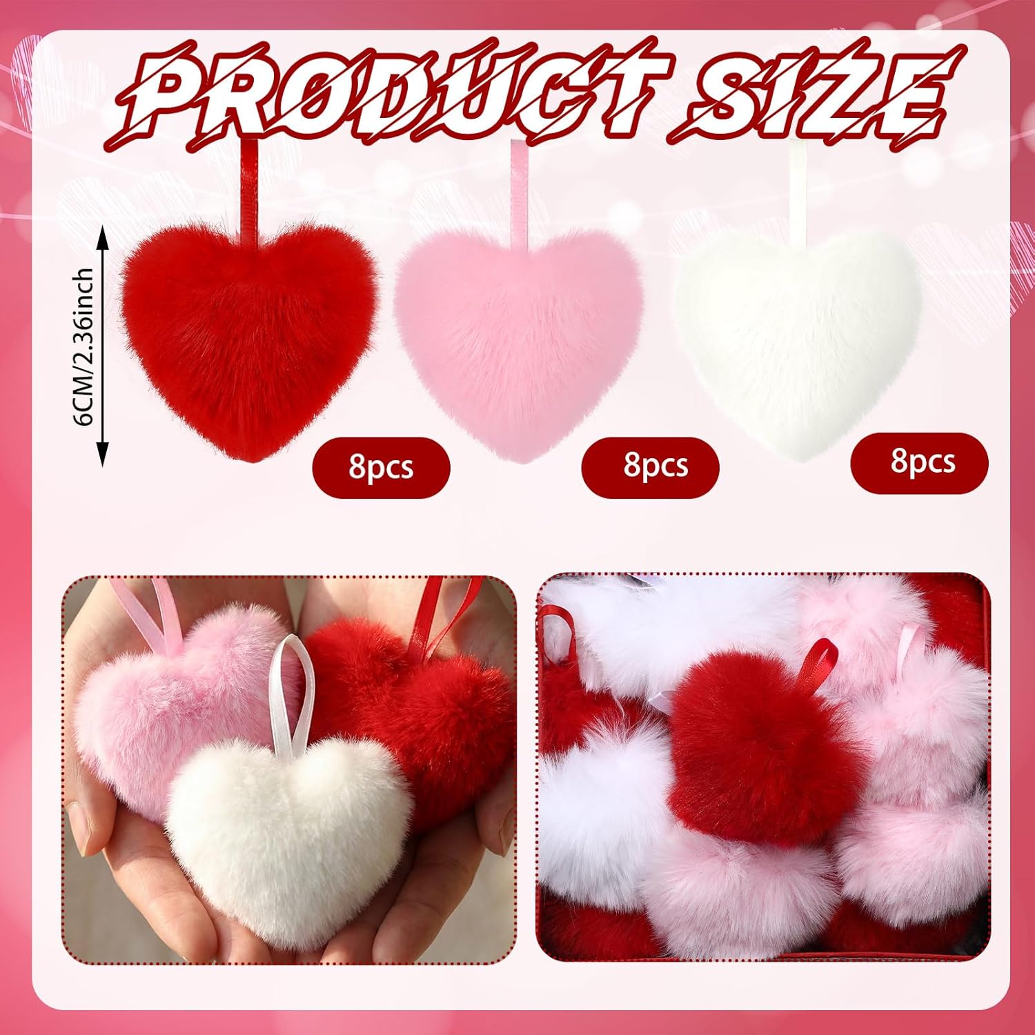 Sotiff 24 Pcs Valentine's Day Heart Ornaments Plush Red Pink White Heart Ornament Valentine's Day Fluffy Fur Hanging Decorations for Tree Bowl Vase Filler Wedding Anniversary Party Supplies Home Decor
