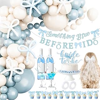 Something Blue Before I Do Bridal Shower Party Decorations Blue Bow Bachelorette Party Supplies Coquette Bow Balloon Arch Kit, Bride To Be Cake Topper, Glitter Banner Pearl Veil for Engagement Wedding