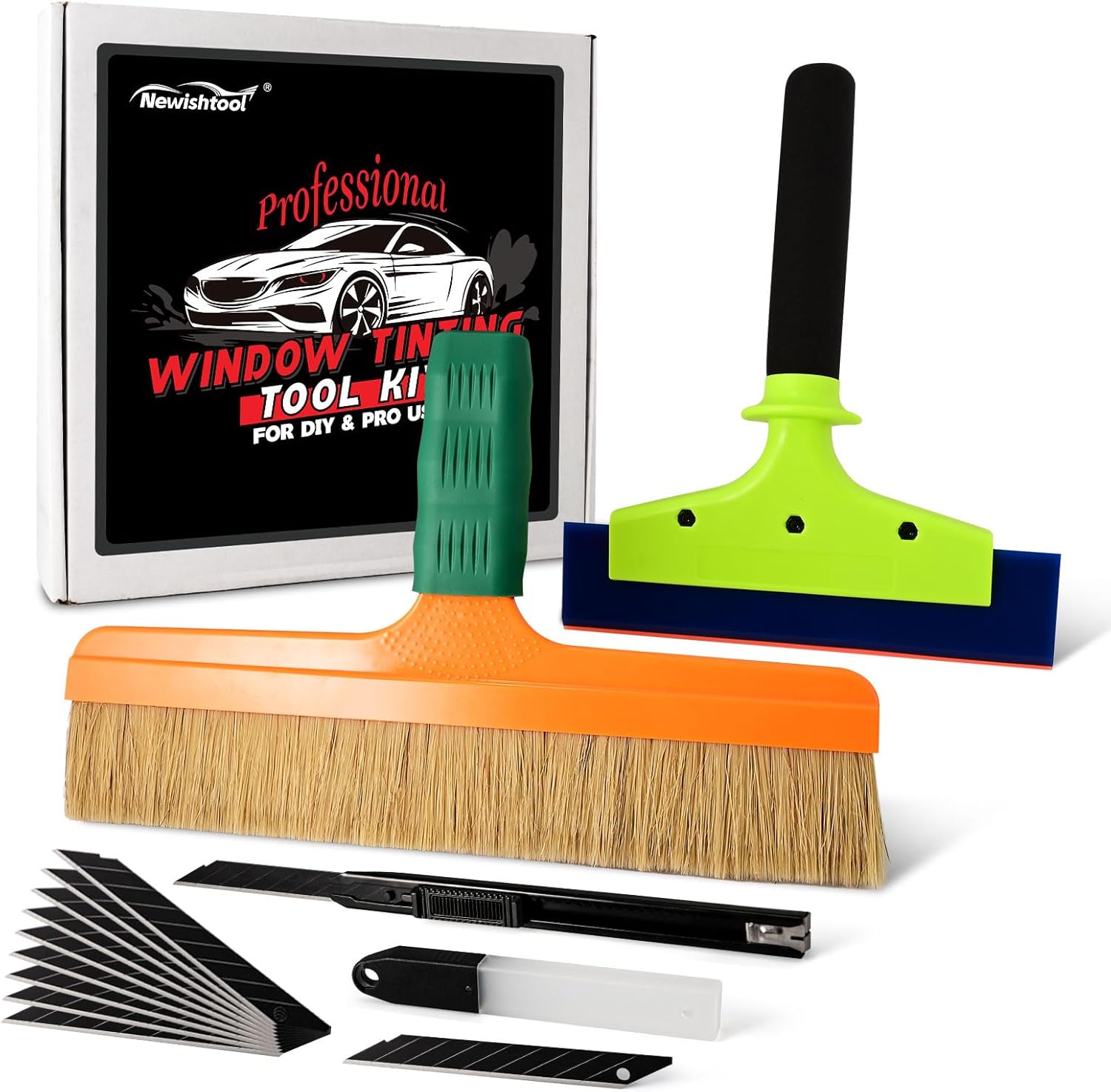 NEWISHTOOL Professional Window Tint Tools Kit, Tint & PPF Brush 12” Car Detailing Brush, 8 Inch Window Tint Squeegee PPF Tools, Auto Tinting Knife and Extra 10 PCS Black Blades for Vinyl Wrapping