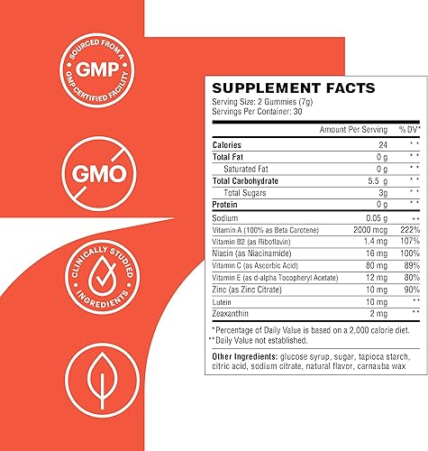 Miniatura 4 de Florio Vitaminas gomosas de salud ocular para adultos, 2 veces luteína y zeaxantina, vitaminas A, B2, B3, C y E, preservan la salud macular y