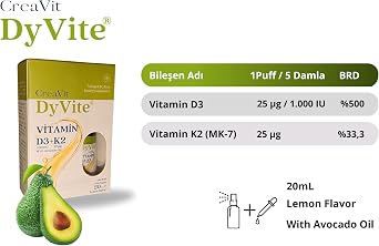 CreaVit DyVite Vitamin D3K2, Avocado Fatty, Lemon Flavored Food Supplement, 20 mL