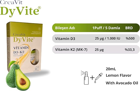 CreaVit DyVite Vitamin D3K2, Avocado Fatty, Lemon Flavored Food Supplement, 20 mL
