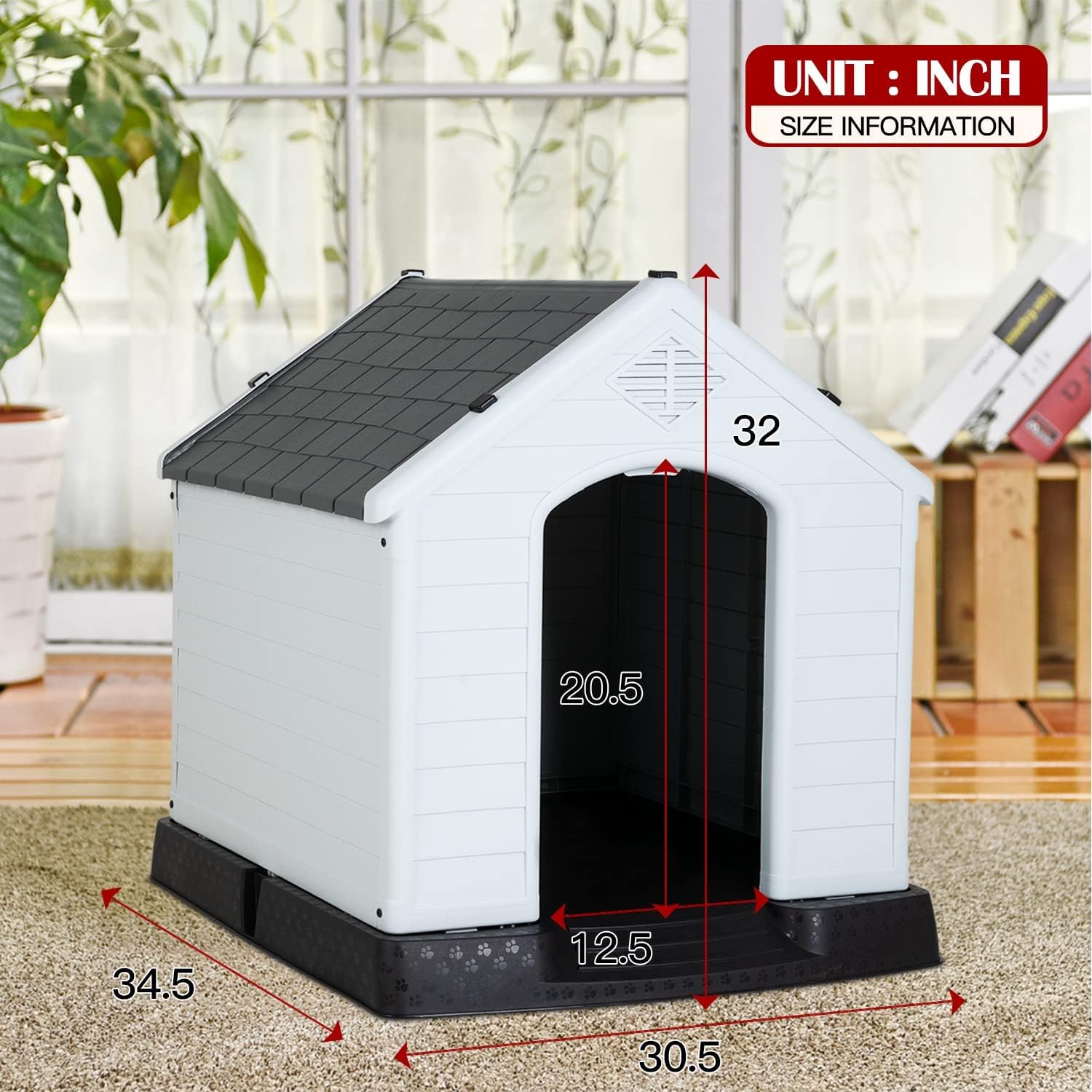 Outdoor Indoor Dog House, Weather & Water Resistant Large House for Small Medium Dogs, Durable Plastic with Air Vents and Elevated Floor, (34.5''L*30.5''W*32''H, Grey)