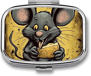 Mouse Eating Cheese Metal Pill Organizer, 2 Compartment Waterproof Pill Case with Mirror for Purse Pocket Bag, Daily Medicine Vitamin Holder, Portable Travel Med Container(Square)
