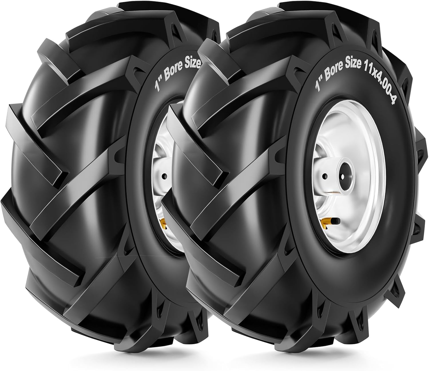 RONPOW 11x4.00-4 Tiller Tire and Wheel, 1" Axle Bore, 3-1/8" Centered Hub, 400 lb Load Capacity, 4 Ply Pneumatic Replacement Tire for Rototiller & Garden Tiller, 2 Pack Silver