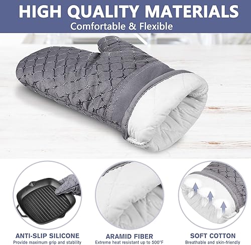 Vista 3 de 6 guantes de horno y soportes para ollas, resistentes al calor de 500 ℉ con toallas de cocina, forro de algodón suave y superficie de silicona Gris