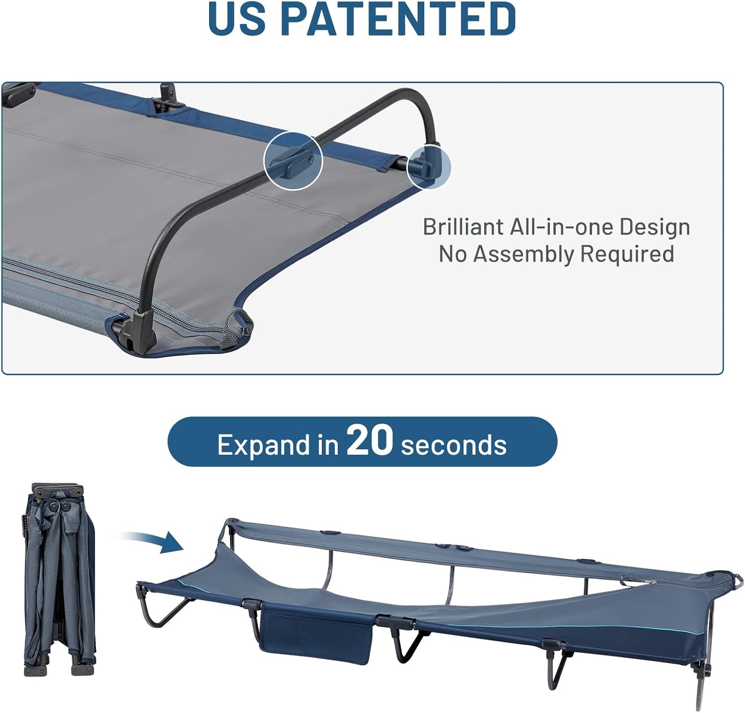 TIMBER RIDGE 20-Second Quick Set-Up Camping Cot, Lightweight Aluminum Folding Cot with Zipper Closure, Portable Carry Bag Included for Camping, Travel and Outdoors, Support up to 225lbs, Blue - Image 5