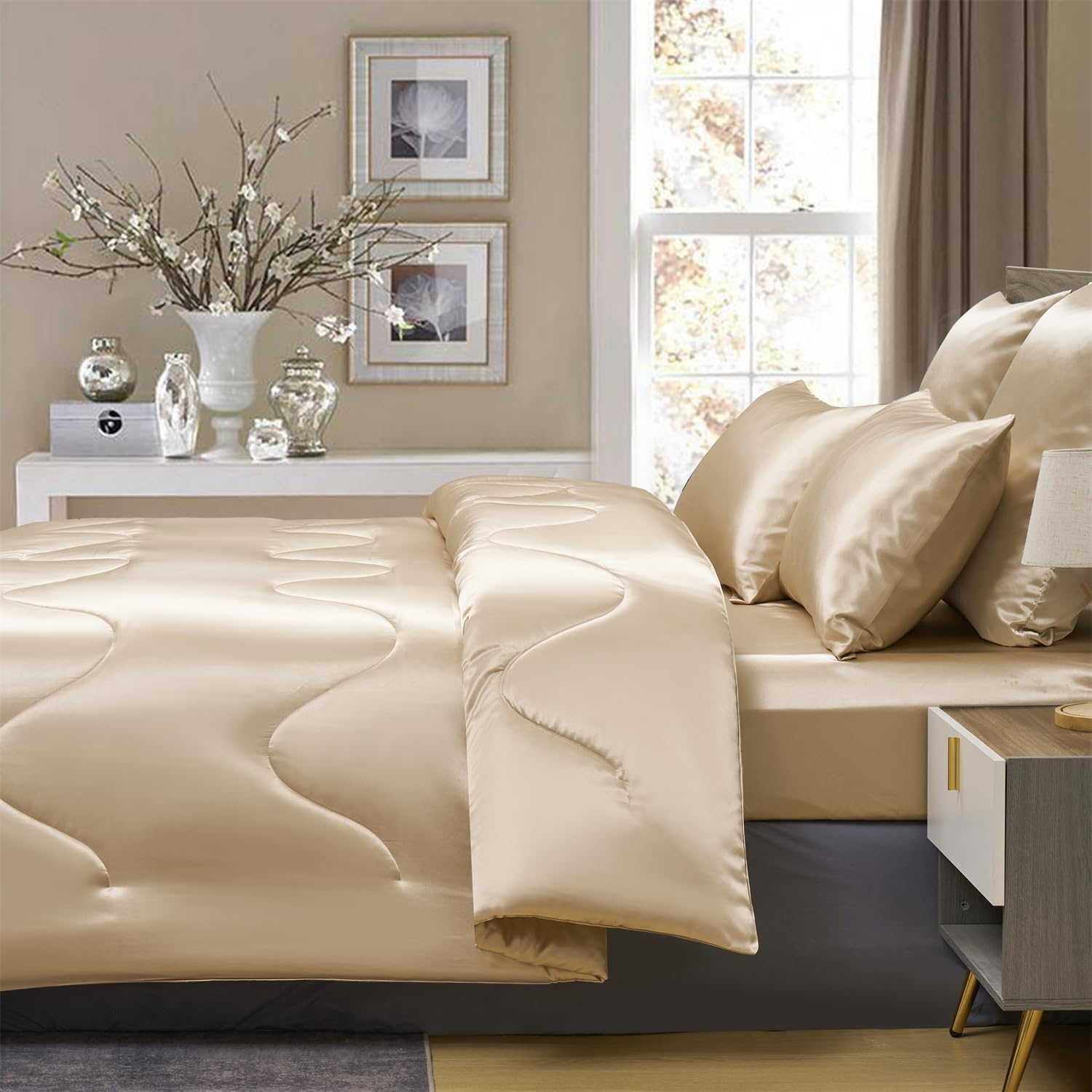 Taupe Satin Silky Comforter Set Queen Size Summer Cooling Glossy Quilt Set Smooth Touch Luxury Hotel Silk Like Satin Duvet Down Alternative Comforter with 2 Pillowcases for All Seasons - Image 4