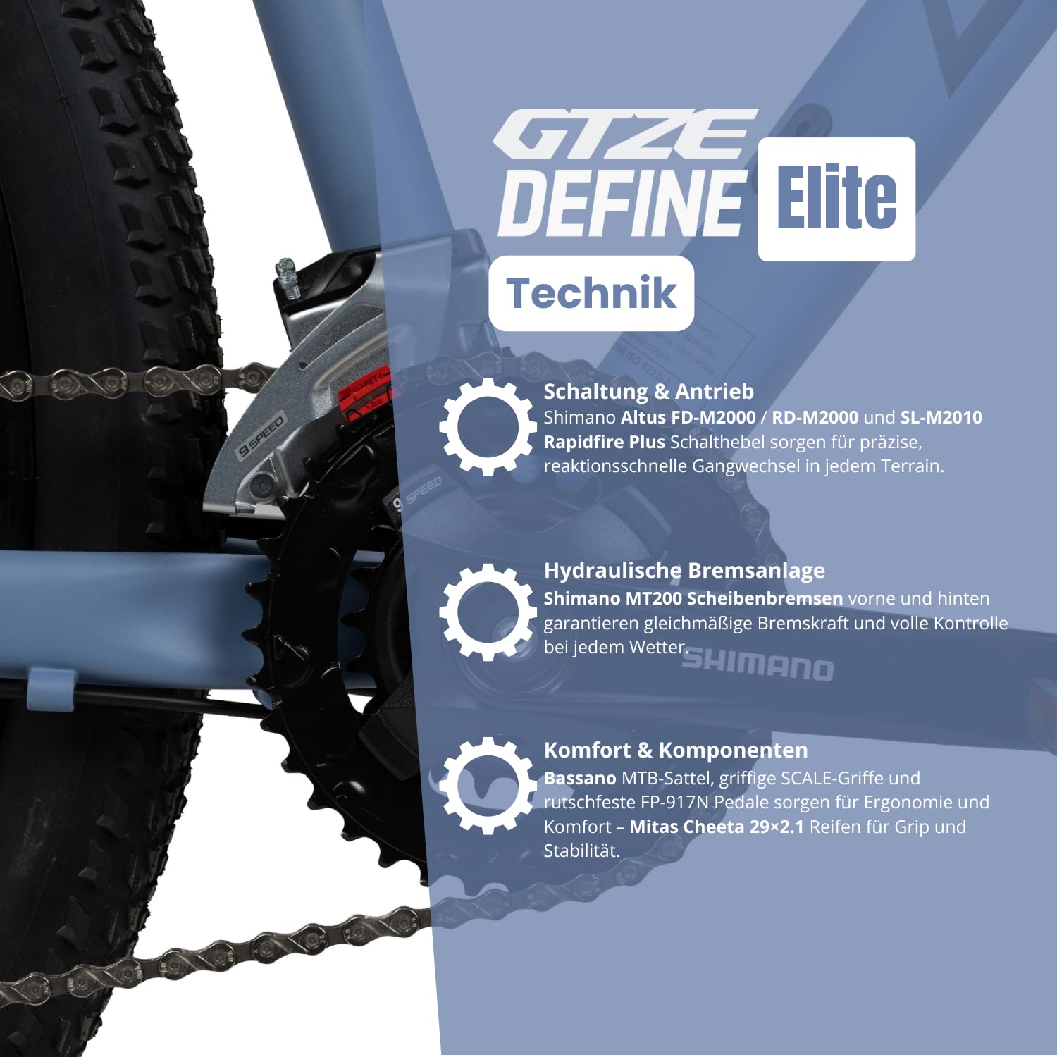 Goetze Define Elite 29 Zoll Mountainbike | Aluminiumrahmen 17/19 / 21 Zoll | Federgabel mit Lockout | 18-Gang Shimano Altus Schaltung | Hydraulische Shimano MT200 Scheibenbremsen | Hardtail MTB