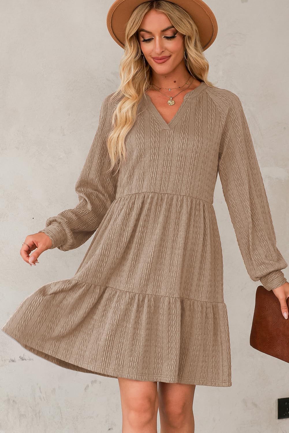 Dokotoo Fall Dresses for Women 2025 Long Sleeve V Neck Textured Casual Lightweight Tiered Ruffle A-Line Mini Babydoll Dress - Image 3