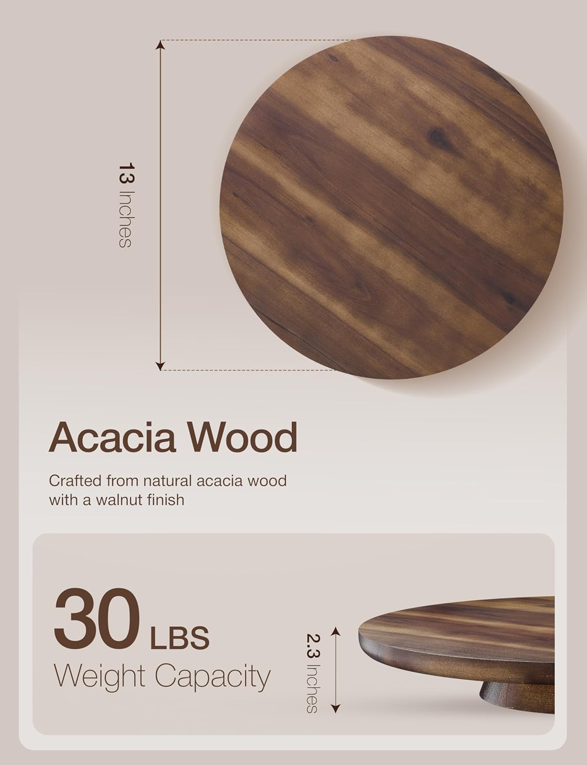 13" Acacia Wood Cake Stand – Cake Turntable, Rotating Cake Stand – Wooden Spinning Cake Stand for Decorating, Cupcake Dessert Display in Party, Wedding - No Assembly Required (Walnut Color)