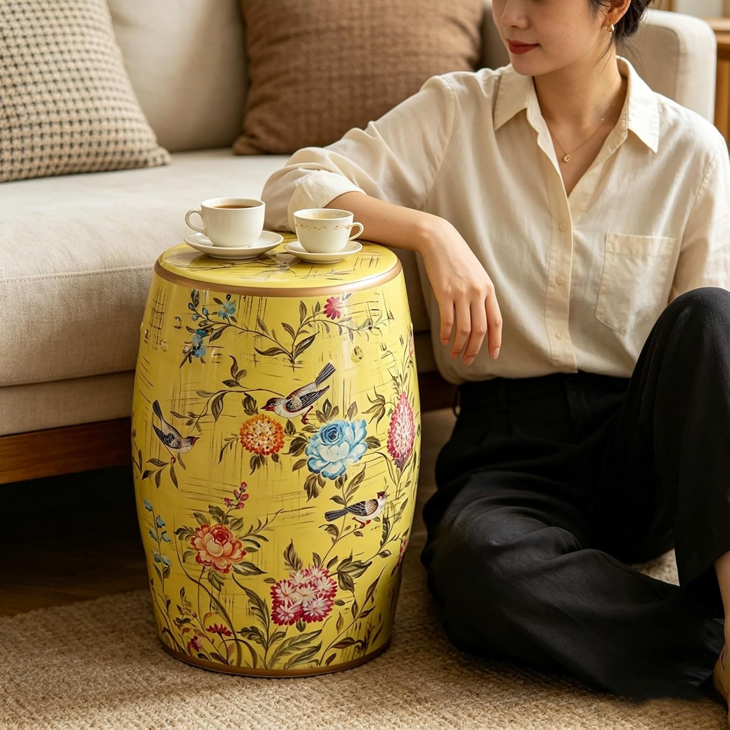 Blue/Green/Yellow Decorative Garden Stool 11"x18" Ceramic Garden Stools Hand-Painted Flower Chinese Indoor/Outdoor Side Table Sturdy Base Dressing Makeup Stool for Living Room Patio Balcony(Green)