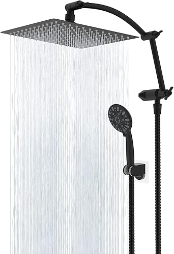 Hibbent Cabezal de ducha de metal, cabezal de ducha de lluvia de alta presión de 10 pulgadas, cabezal de ducha de mano, brazo de extensión de ducha