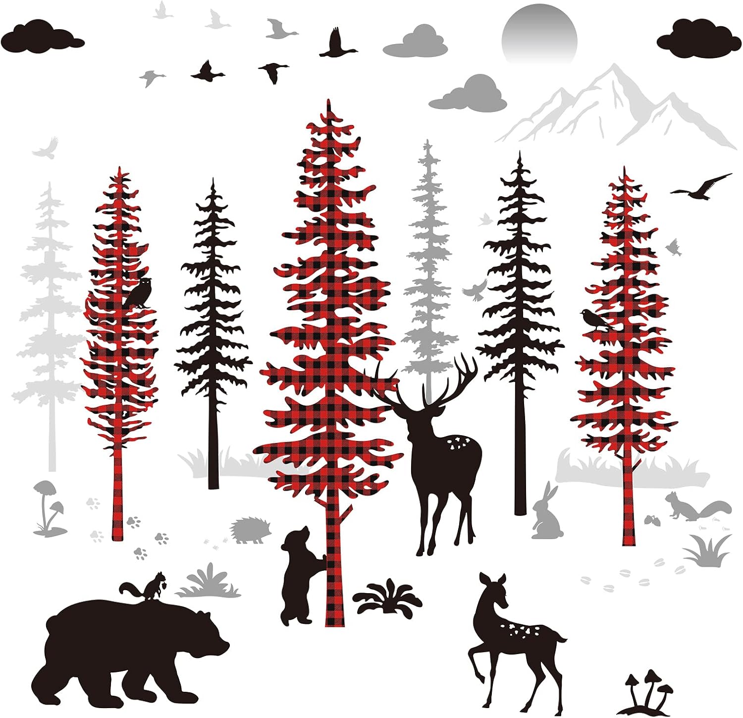 Nursery Wall Decals Forest Deers Wall Stickers Bears Pine Tree Wall Decals Mural Art Wallpaper for DIY Children Room Nursery Vinyl Removable Decals (Plaid Style) : Baby