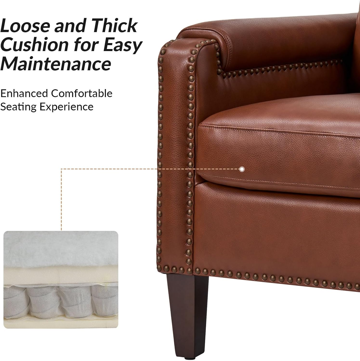HULALA HOME Genuine Leather Accent Chair with Wooden Legs & Nailhead Trim, Comfy Upholstered Armchair with Removable Cushion & Rolled Arms (Brown)