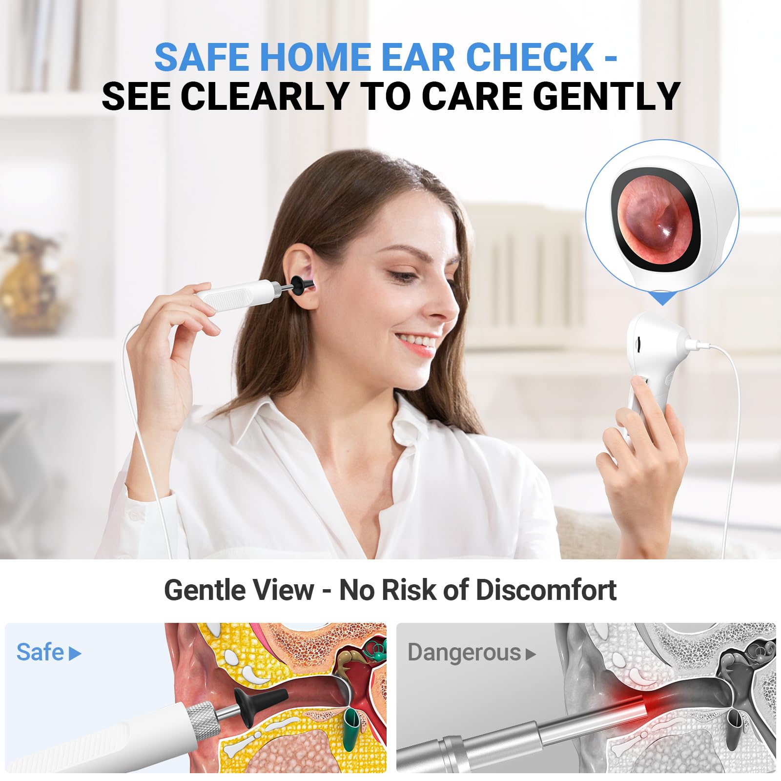 ScopeAround Otoscopio Digital con Pantalla IPS, otoscopio de Video Inteligente HD de 720p con luz, otoscopio para el oído con cámara de eliminación de Cera de oído, comprobador de oídos, Encendido y