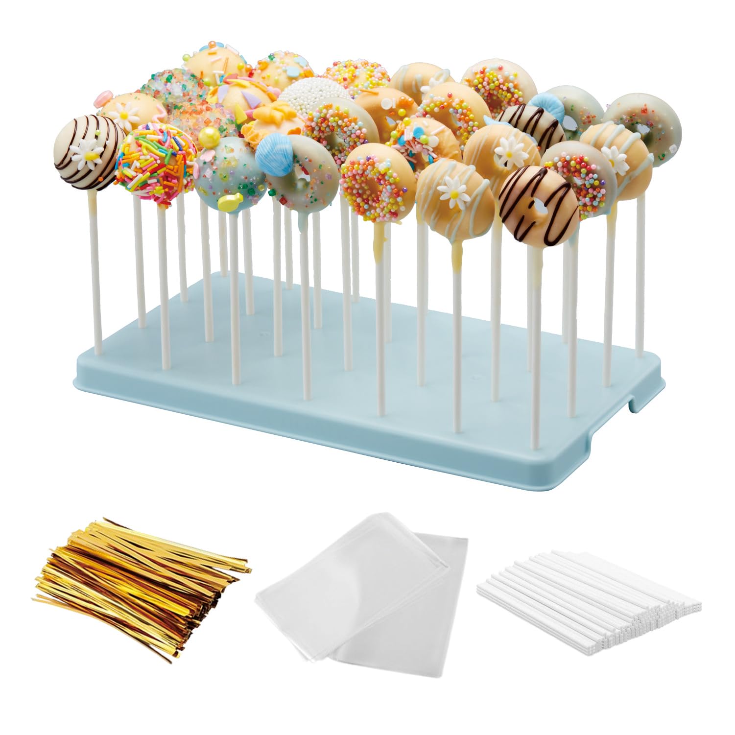 Taihuimy Blue 28 Holes Cake Pop Stand And Wrappers Set, Lollipop Hold Stand, Candy Pop Holder With 100 Pcs Cake Pop Sticks, 100 Pcs Treat Bags, 100 Gold Twist Ties (Blue)