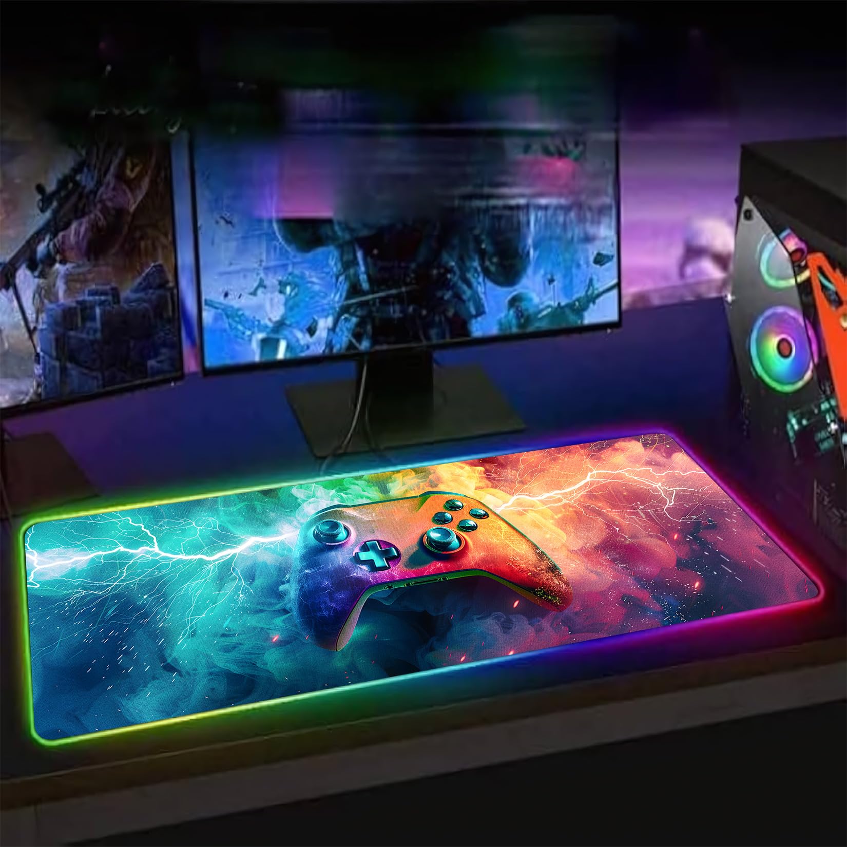 Tapis de souris de jeu à DEL XL avec 14 modes d'éclairage – Tapis de souris lumineux, 80 x 30 cm, antidérapant, style manette de jeu RVB, accessoires de jeu long et lumineux, noir