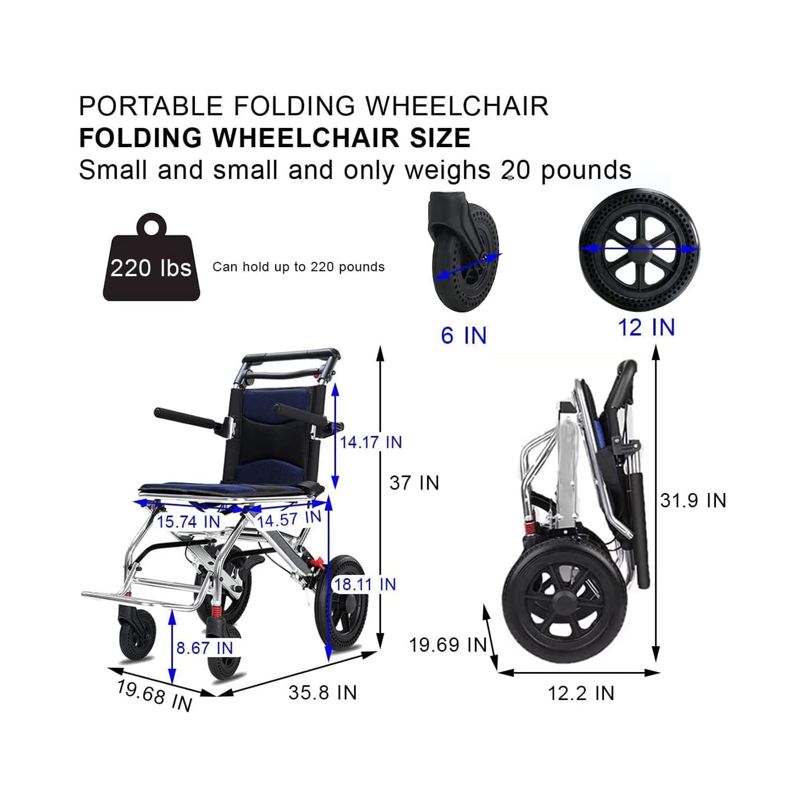 Silla de Ruedas Plegable Manual Ligera, Silla de Ruedas de Transporte de Aluminio con Reposabrazos Basculante para Ancianos Discapacitados