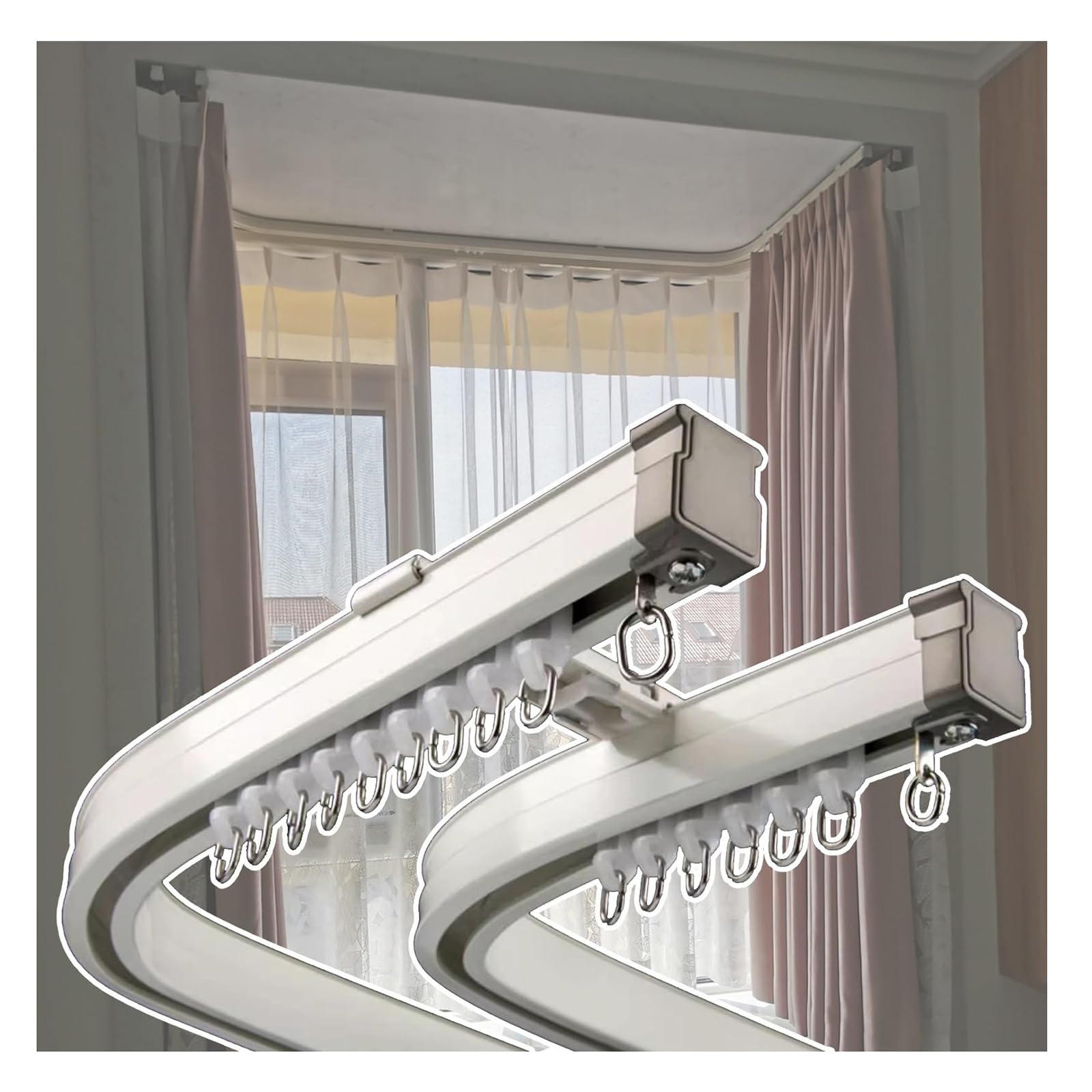 Elastyczny karnisz, 2-warstwowy aluminiowy karnisz, giętki system montażu sufitowego i ściennego, 2,3 m / 7.5ft, idealny do zasłon i zasłon, łatwa instalacjaKonstrukcja