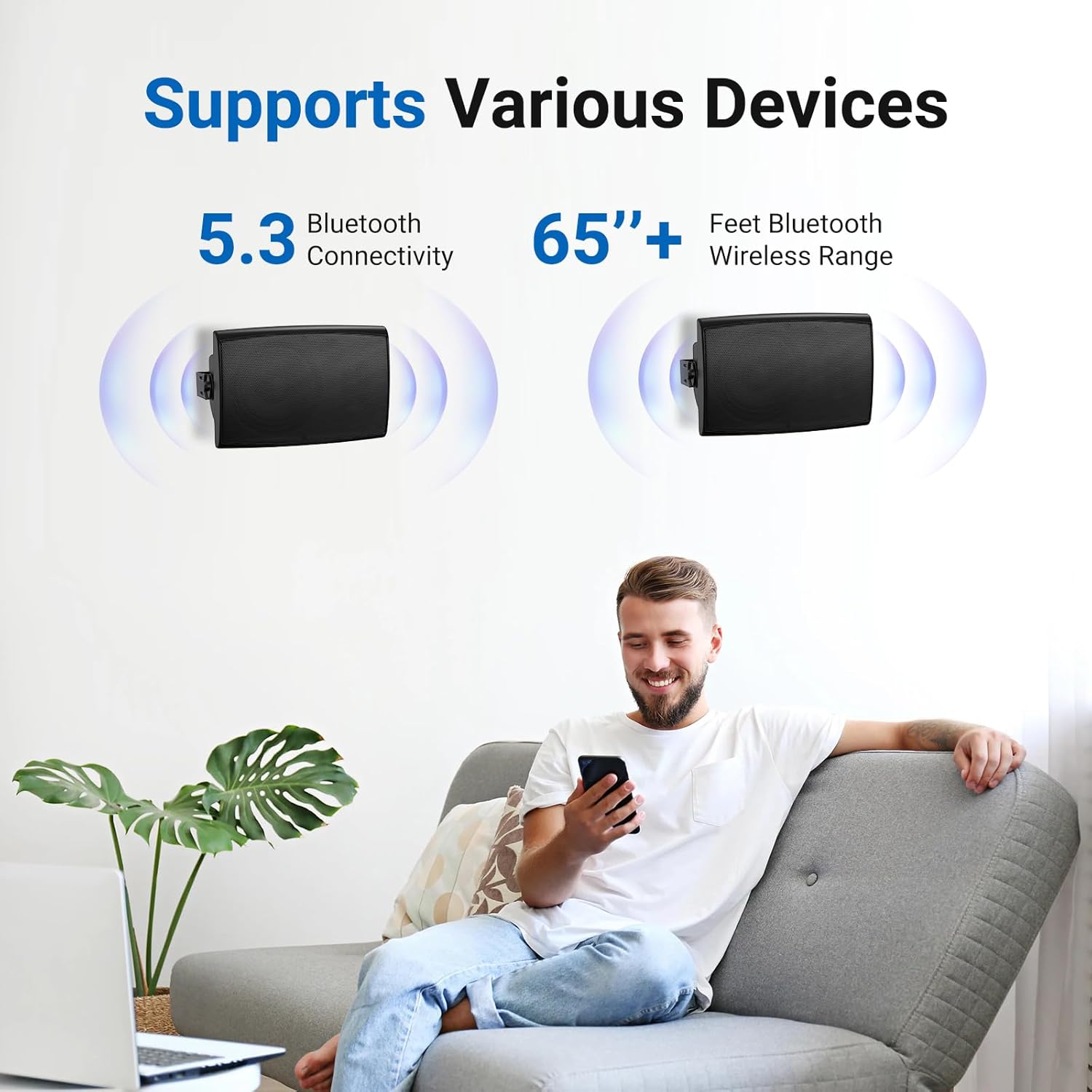 Herdio 5.25 Inches 300 Watts Outdoor Bluetooth Speakers, Bluetooth 5.3,TWS Stereo Paring,Wall Mount Speaker System Waterproof Suitable for Patio Home Poolside Deck Backyard (Pair, Black) - Image 2