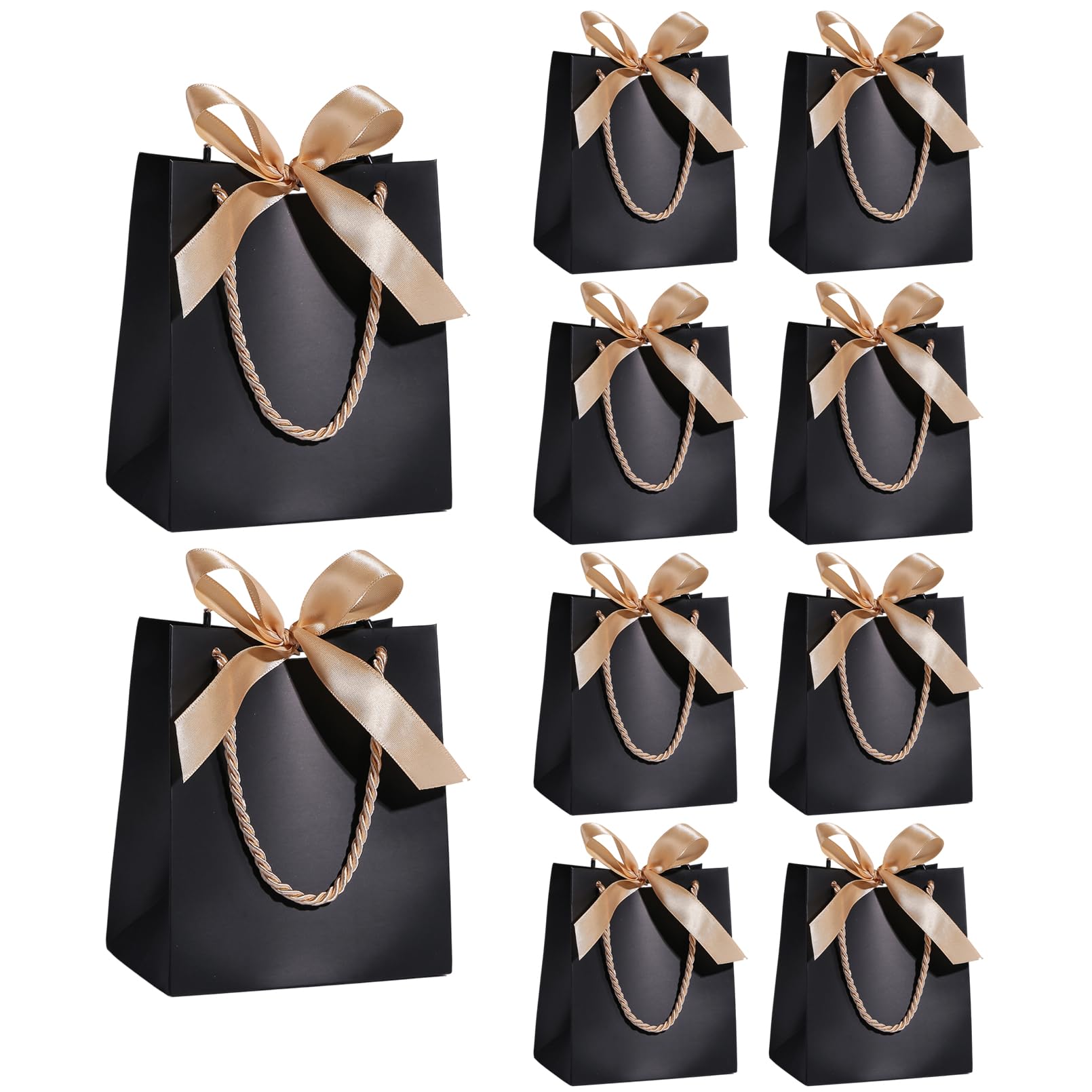 10 Pack Small Black Gift Bags with Gold Ribbons 15× 13× 8 cm Black Party Bags with Handles