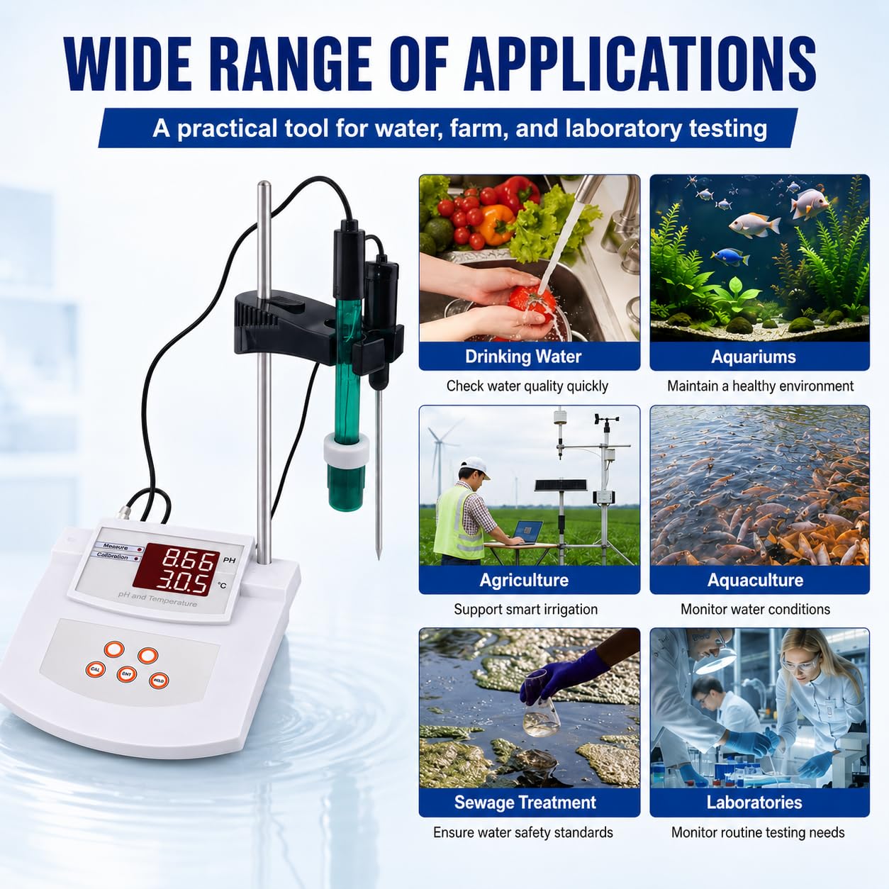 Misuratore di pH per laboratorio ed ecologia, calibrazione automatica dell'acidità con calibrazione a 2 punti, intervallo di pH 0,00-14,00, display LCD per test ambientali