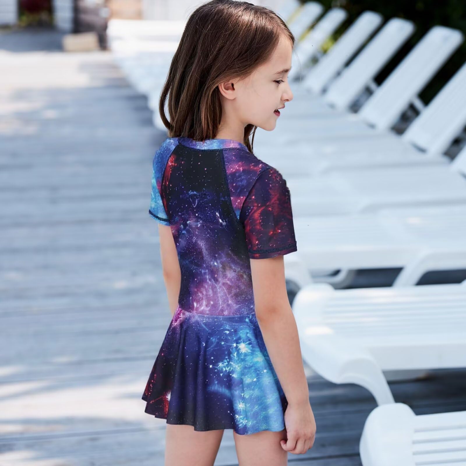 Aisyee Traje de baño para niñas, traje de baño de una pieza de manga corta, falda de traje de baño para niñas de 5 a 16 años