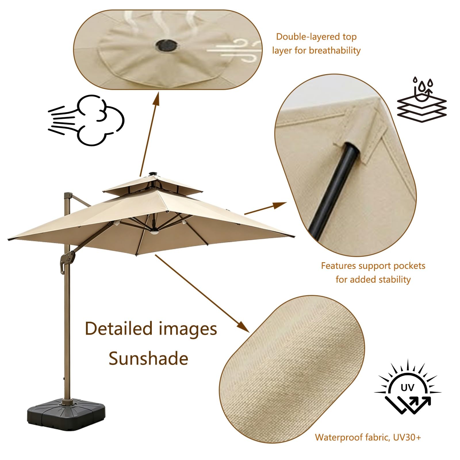 Générique 3.0x3.0m Carré Toile De Rechange pour Déporté Parasol De Terrasse Toile Dombrage Double Extérieur de Remplacement pour parasol de 8 baleines,Pour extérieur