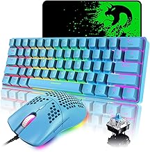 60% Wireless Mechanical Keyboard and Wired Mouse,Chroma RGB 12 LED Backlit Type C Wired 61 Keys Compact Gaming Keyboard Bluetooth 5.0 Blue Switch,RGB Gaming Mouse 6400DPI for PC Laptop Gamer (Blue)